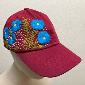 Hand Embroidered Floral Red Cap Boho Bohemian Hippie Summer Adjustable